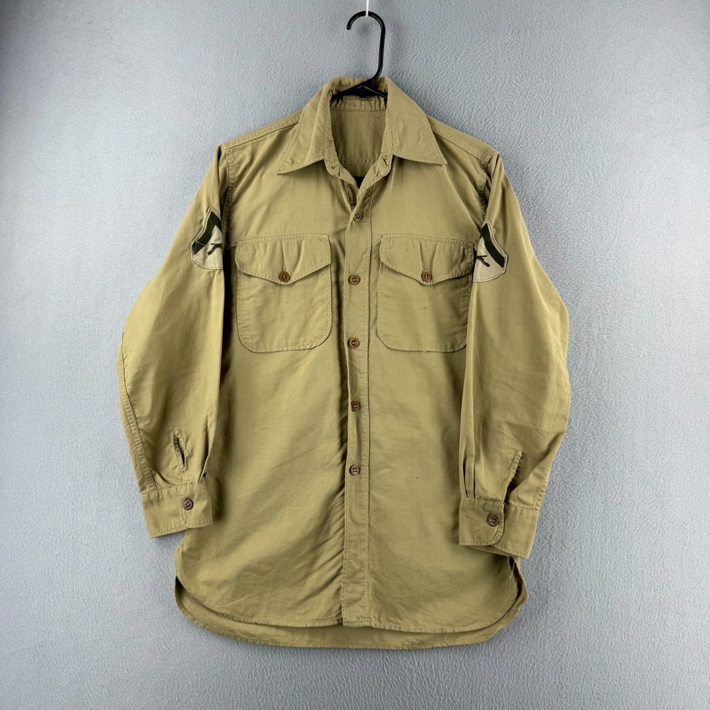 Vintage 40s WWII Khaki Cotton Shirt Mens Small Long Sleeve Button Up Military